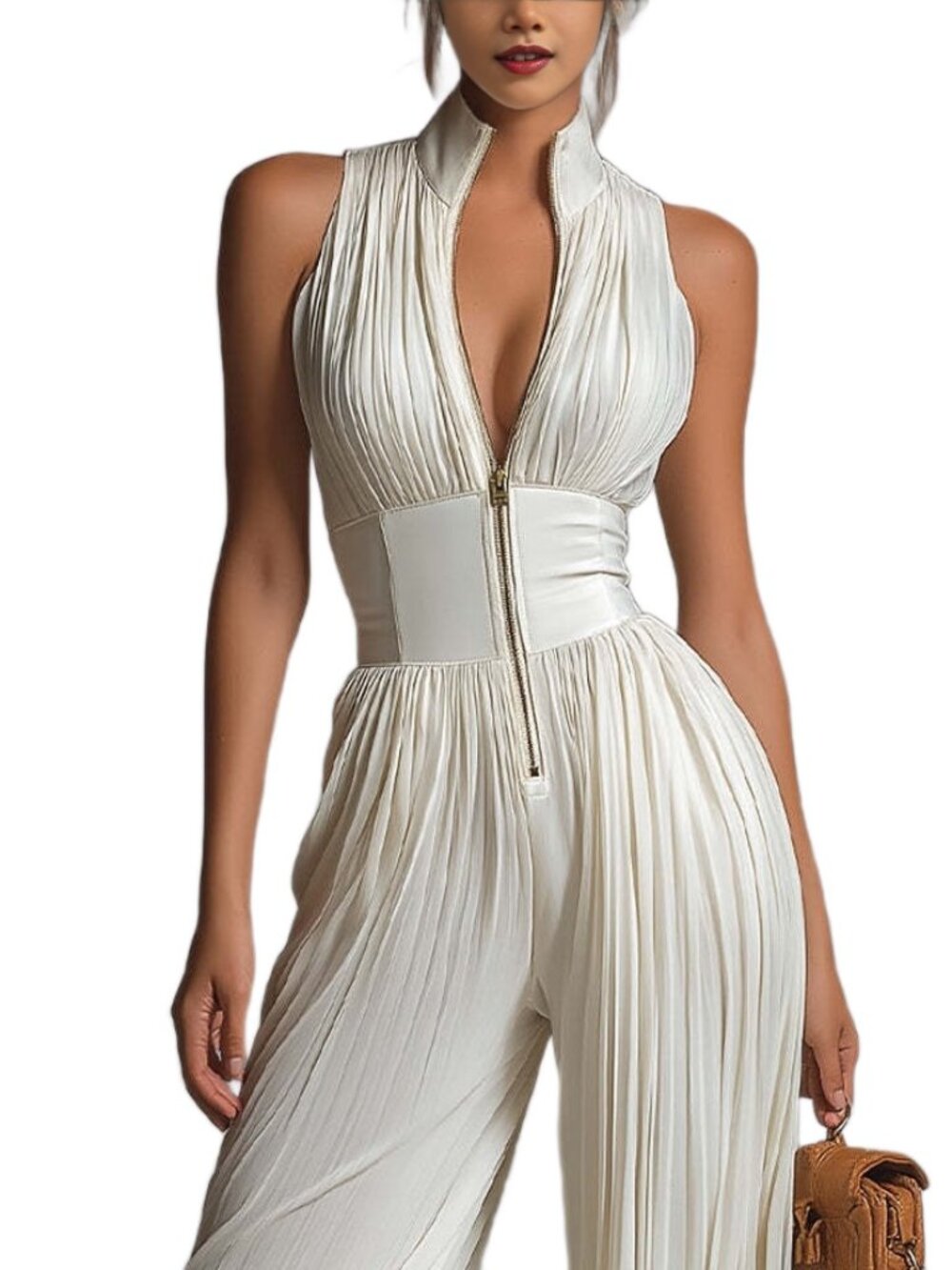 Women's White Pleated Halter Wide-Leg Jumpsuit - Picture 5 of 5